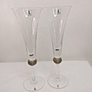 Rhinestone-Studded Champagne Flutes – Pair, 1O" Tall, Gold Accents, Elegant